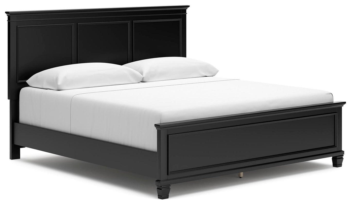 Cama con paneles Lanolee con tocador con espejo y mesita de noche