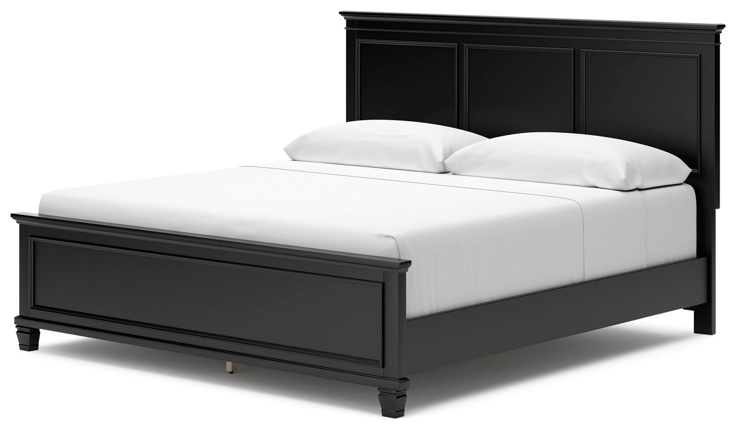 Cama con paneles Lanolee con tocador con espejo y mesita de noche