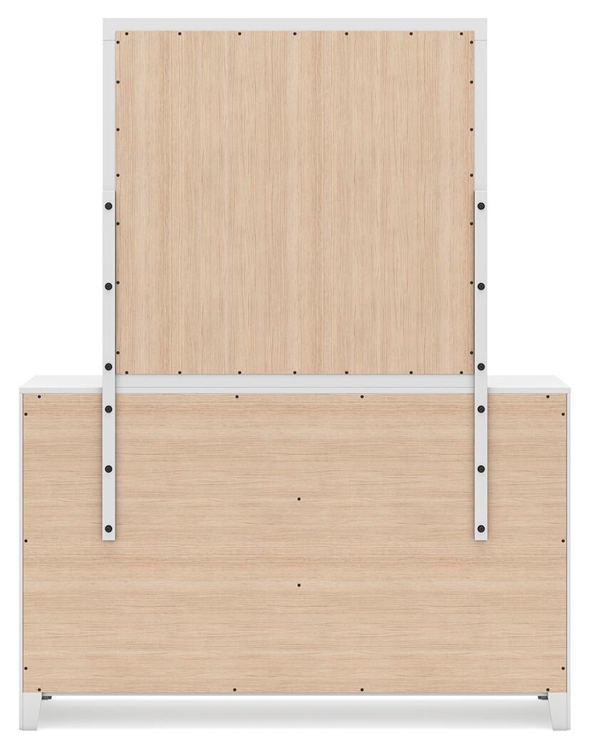 Cama con paneles, cómoda, espejo, cajonera y mesita de noche Binterglen