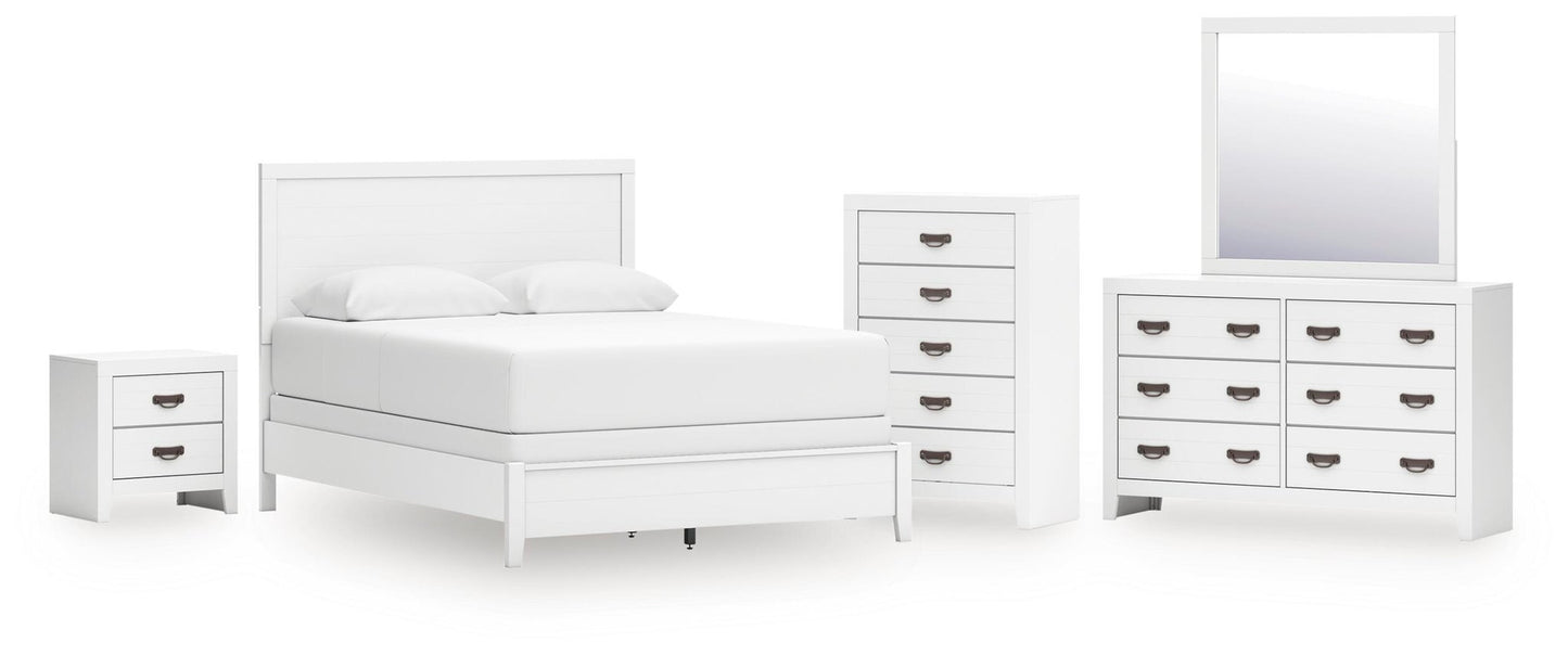 Cama con paneles, cómoda, espejo, cajonera y mesita de noche Binterglen