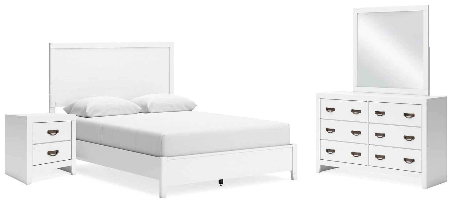Cama con paneles, cómoda con espejo y mesita de noche Binterglen