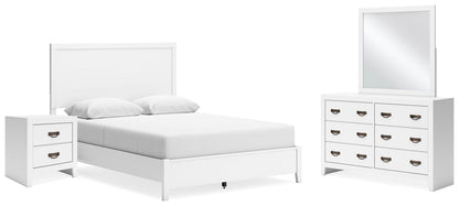 Cama con paneles, cómoda con espejo y mesita de noche Binterglen