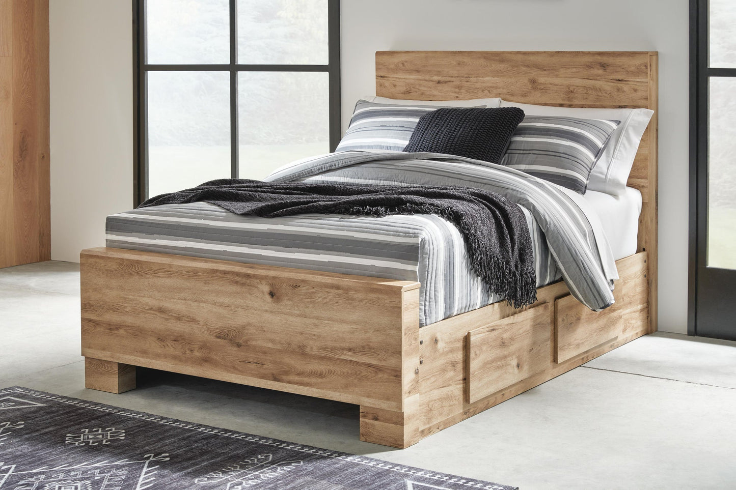 Cama de panel Hyanna con almacenamiento y tocador con espejo