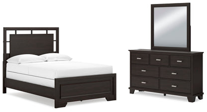 Cama con paneles Covetown con cómoda con espejo