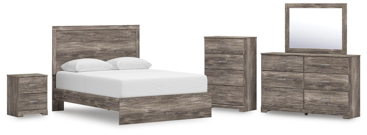 Cama con panel, tocador, espejo, cómoda y mesita de noche Ralinksi