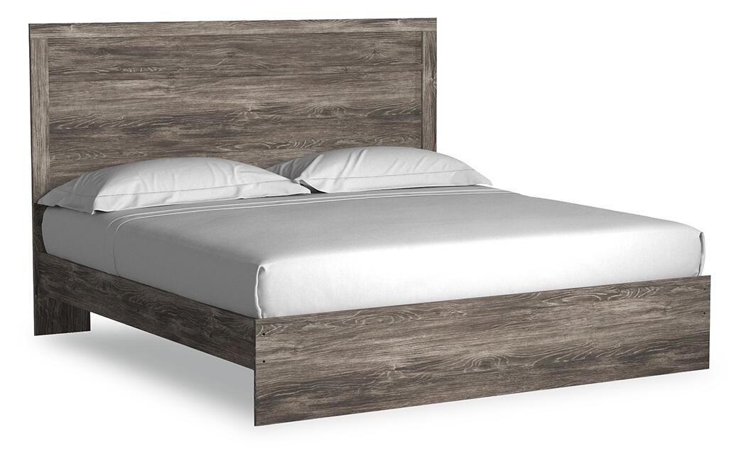 Cama Ralinksi con paneles, cómoda con espejo y mesita de noche