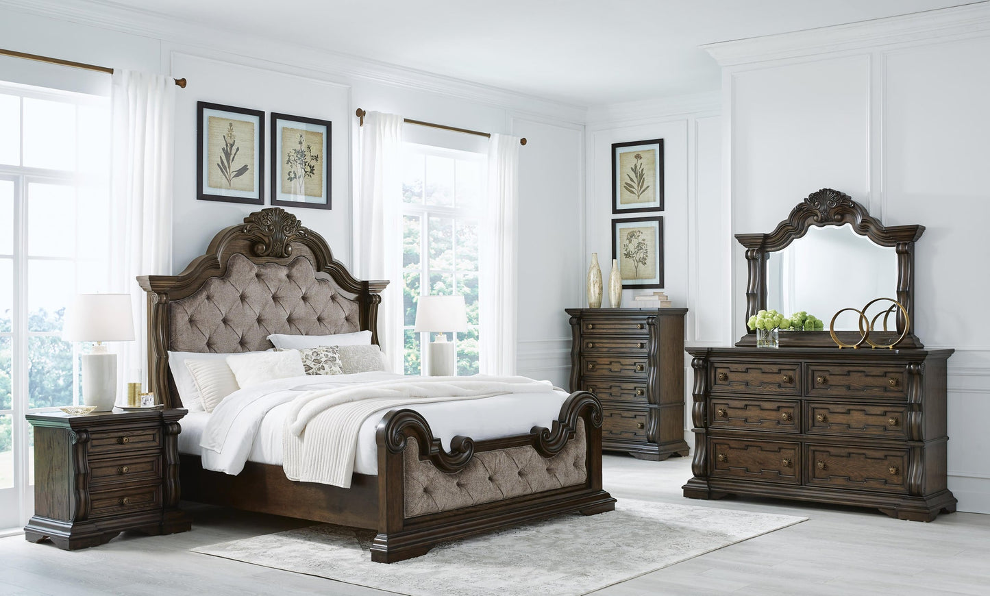 Cama tapizada Maylee con tocador con espejo