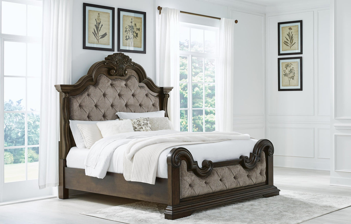 Maylee California  Upholstered Bed With Mirrored Dresser And Nightstand