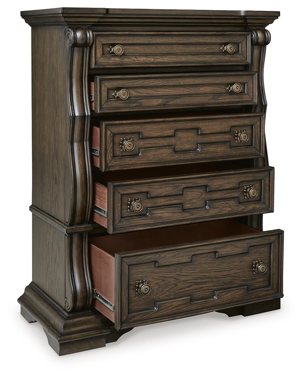 Maylee California  Upholstered Bed, Dresser, Mirror, Chest And Nightstand