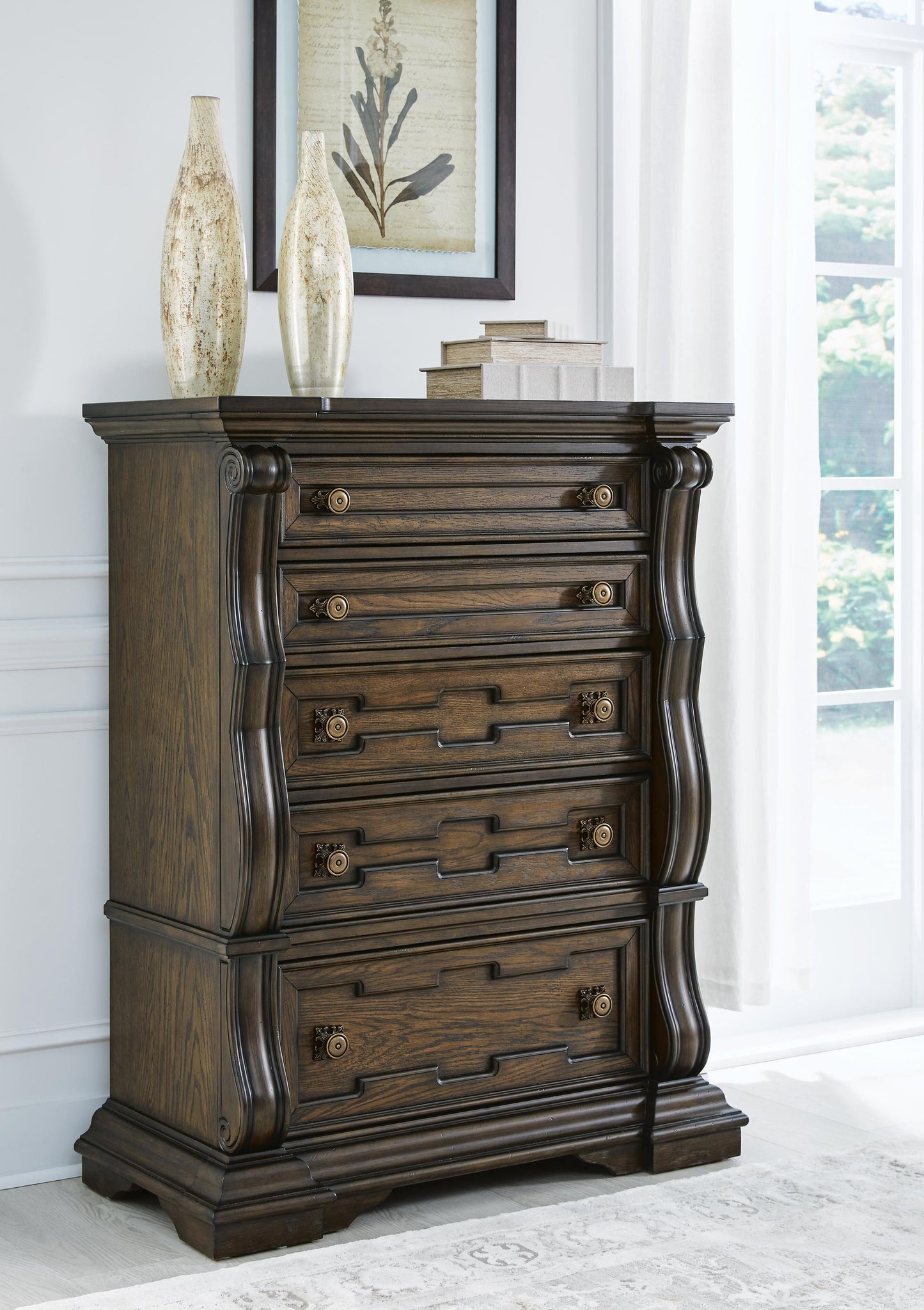 Maylee California  Upholstered Bed, Dresser, Mirror, Chest And Nightstand