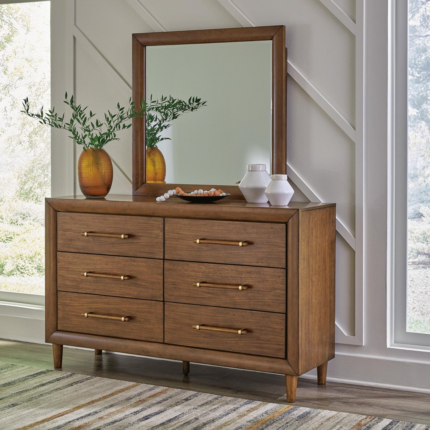 Lyncott California  Upholstered Bed With Mirrored Dresser And Nightstand