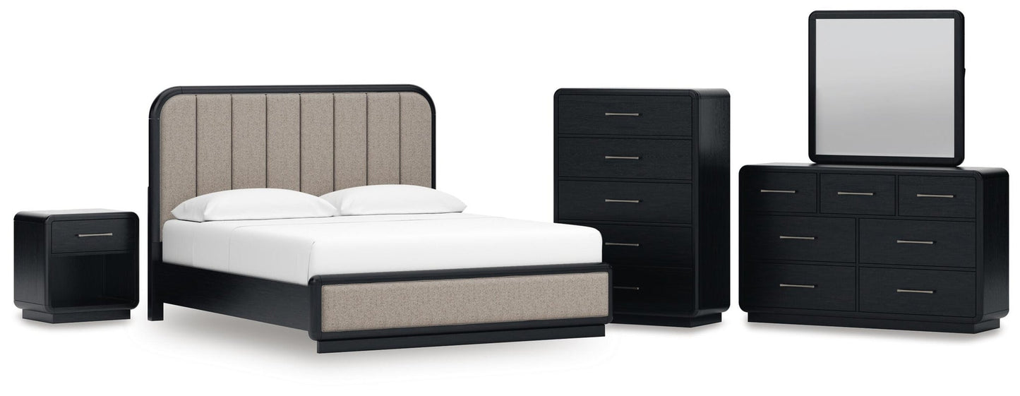 Rowanbeck California  Upholstered Panel Bed, Dresser, Mirror, Chest And Nightstand