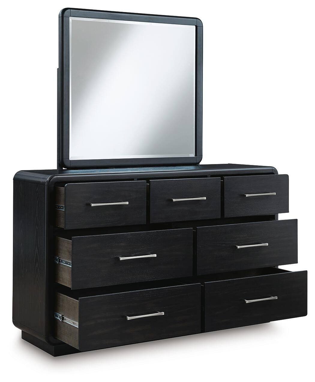 Rowanbeck California  Upholstered Panel Bed, Dresser, Mirror, Chest And Nightstand