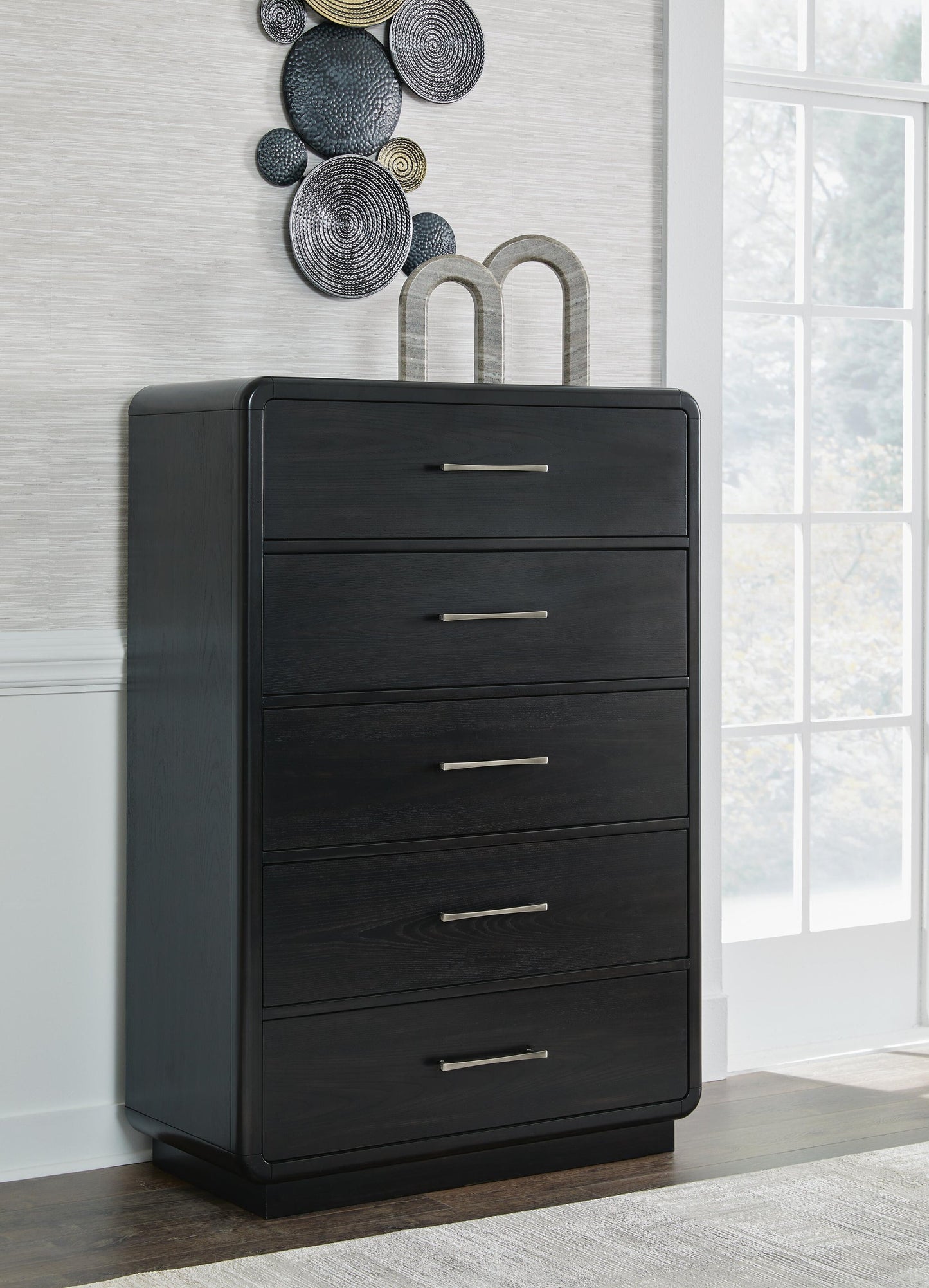 Rowanbeck California  Upholstered Panel Bed, Dresser, Mirror, Chest And Nightstand