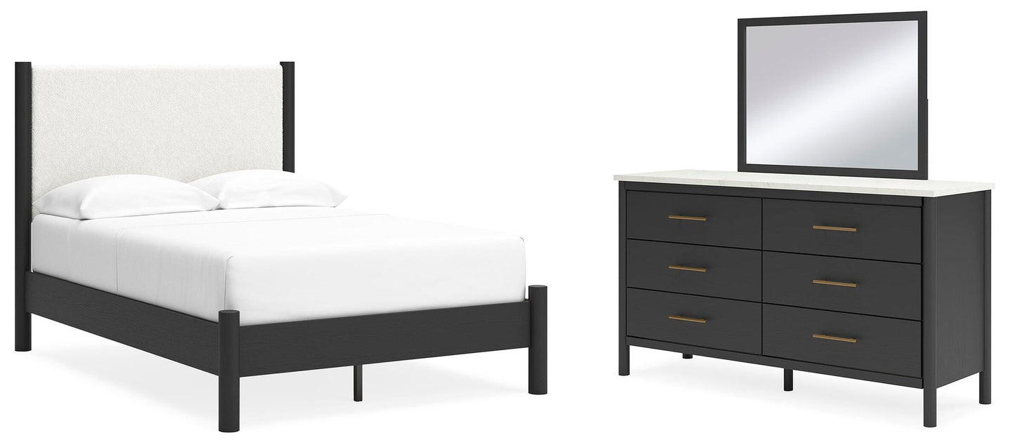 Cadmori Cama Tapizada con Panel, Cómoda y Espejo