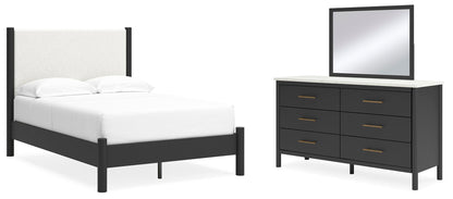 Cadmori Cama Tapizada con Panel, Cómoda y Espejo