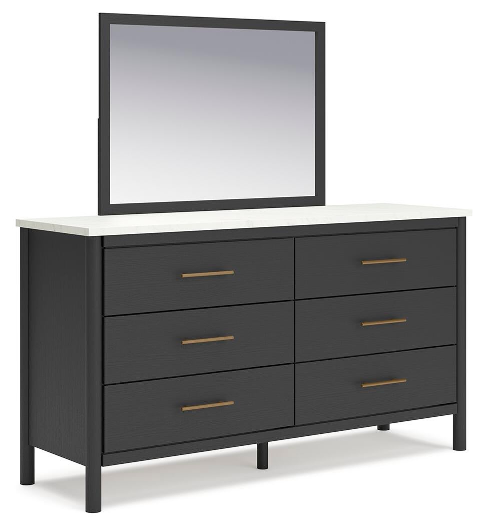 Cadmori Cama Tapizada con Panel, Cómoda y Espejo