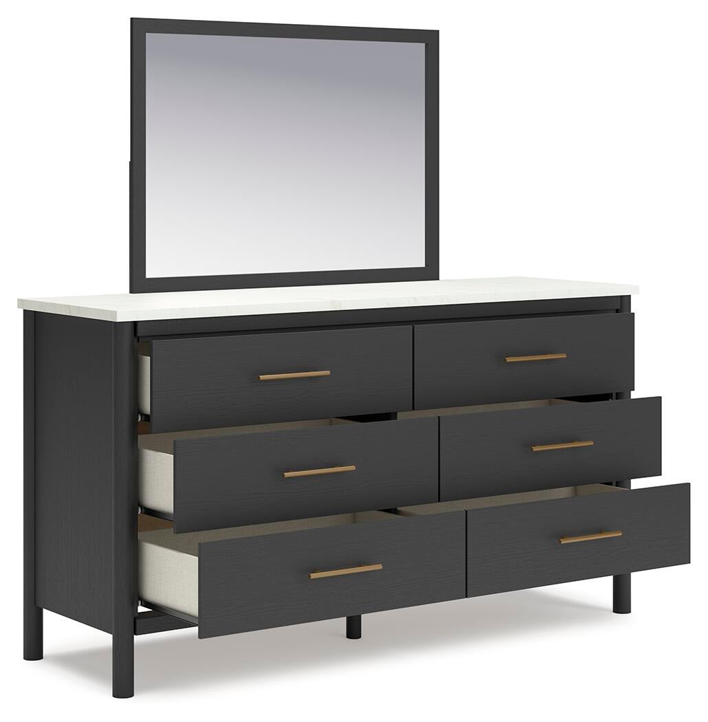 Cadmori Cama Tapizada con Panel, Cómoda y Espejo
