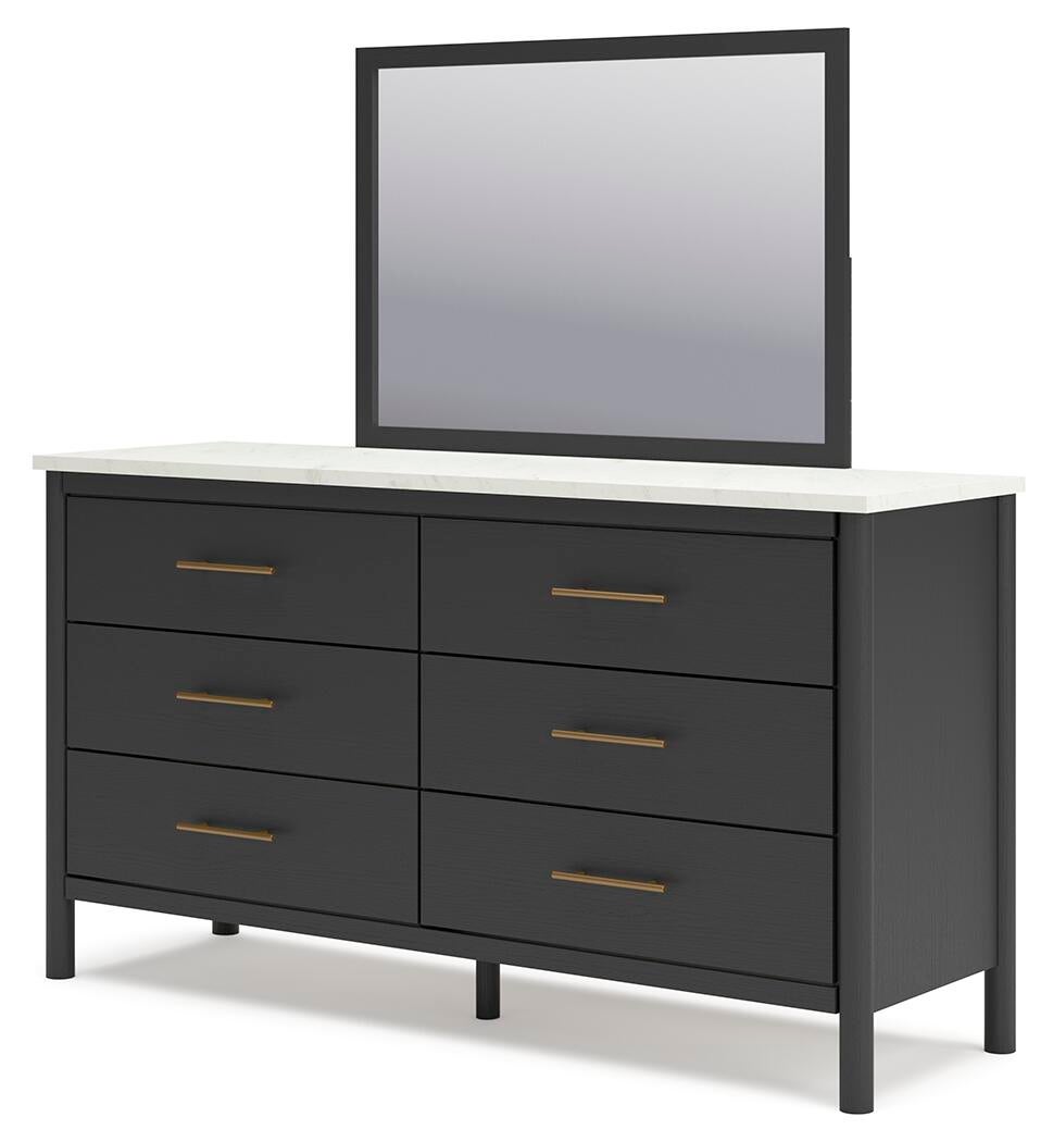 Cadmori Cama Tapizada con Panel, Cómoda y Espejo