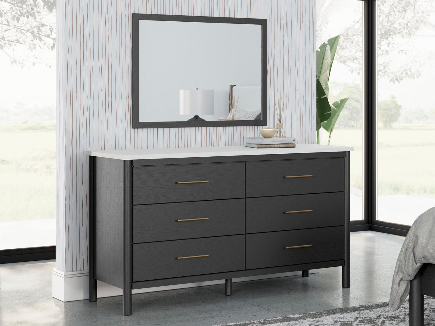 Cadmori Cama Tapizada con Panel, Cómoda y Espejo