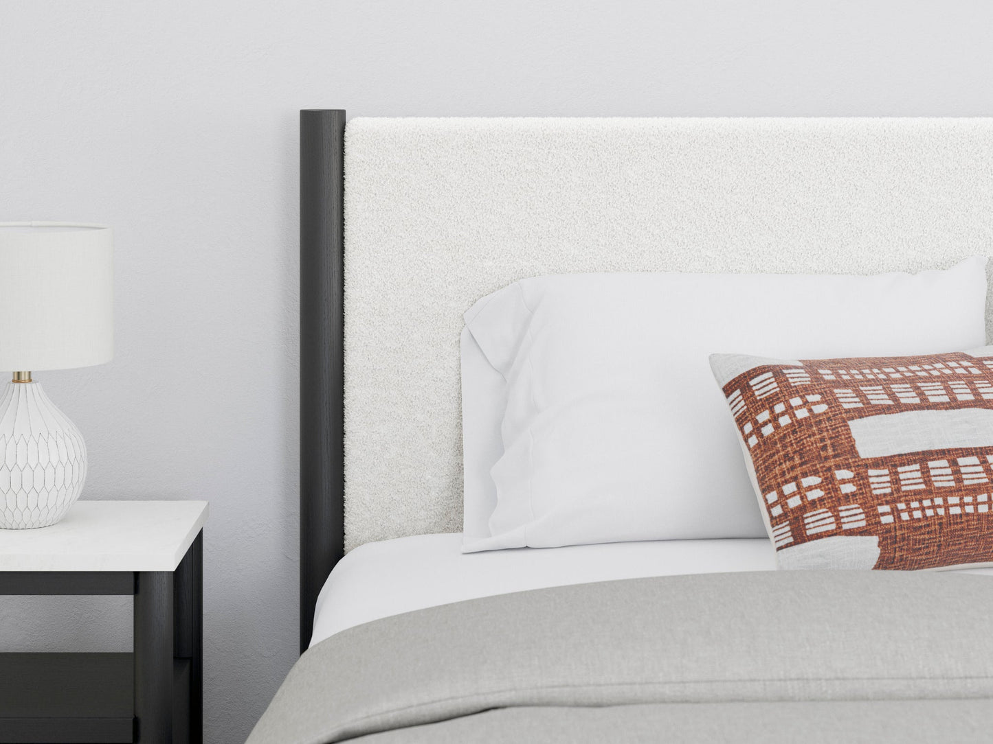 Cadmori Cama Tapizada con Panel, Cómoda y Espejo
