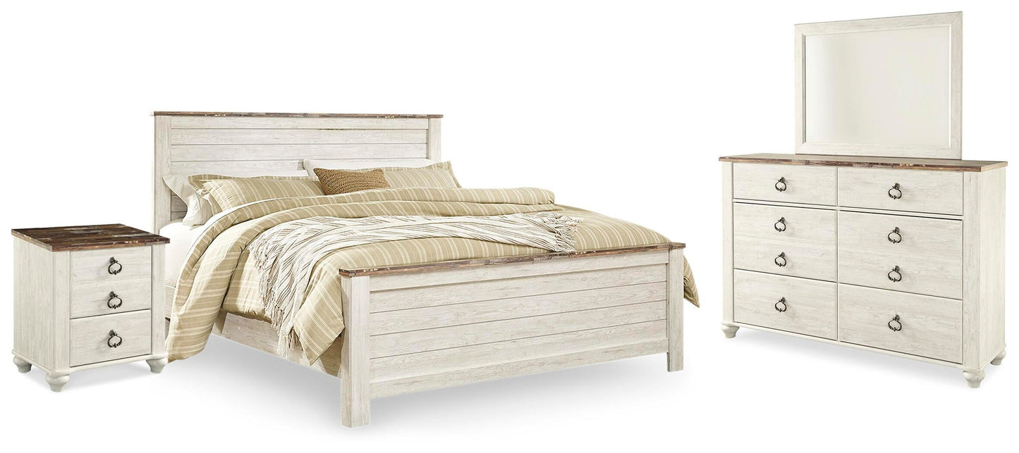 Cama con paneles Willowton con cómoda con espejo y mesita de noche