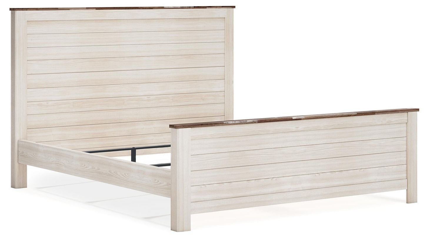 Cama con paneles Willowton con cómoda con espejo y mesita de noche