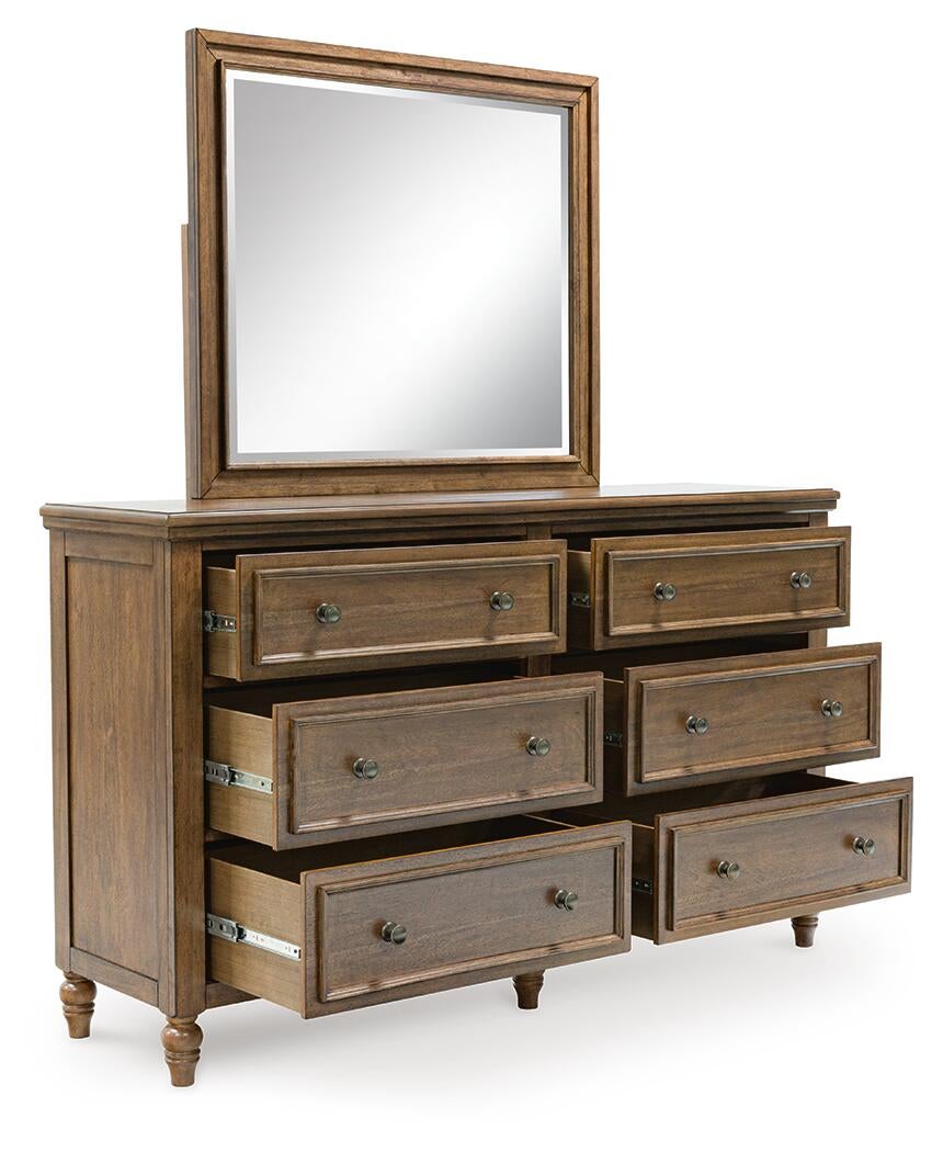 Sturlayne California  Upholstered Panel Bed, Dresser, Mirror, Chest And Nightstand