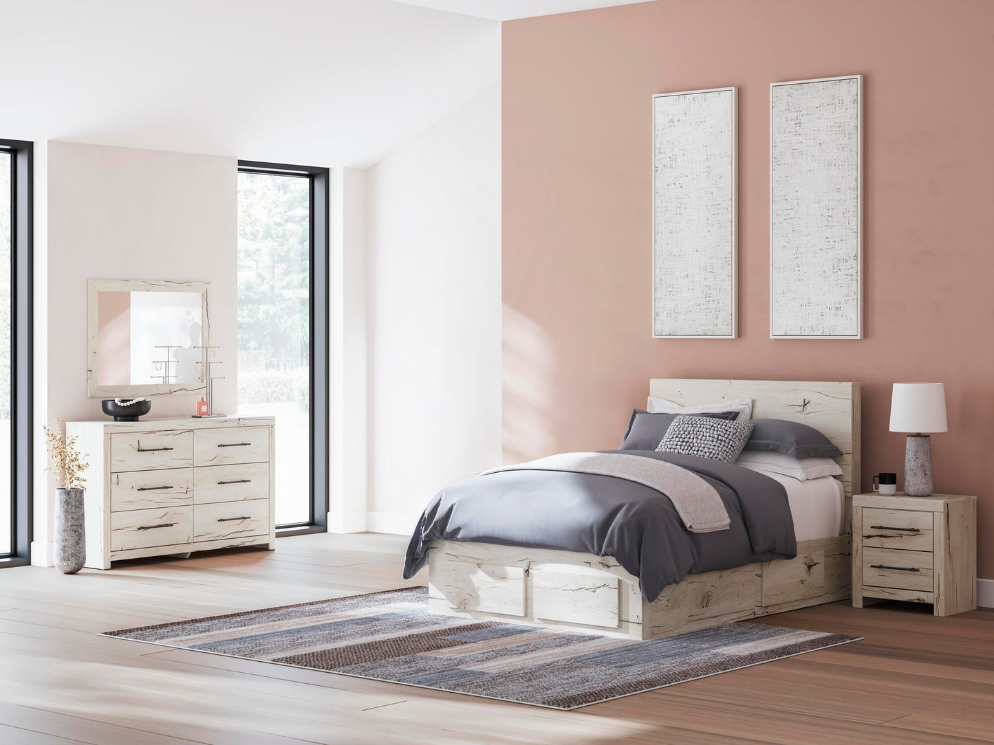 Cama, cómoda, espejo y mesita de noche Lawroy Panel