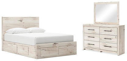 Cama con cabecero Lawroy, cómoda y espejo