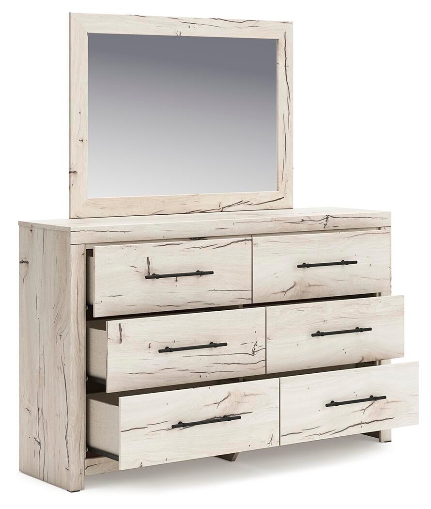 Cama con cabecero Lawroy, cómoda y espejo
