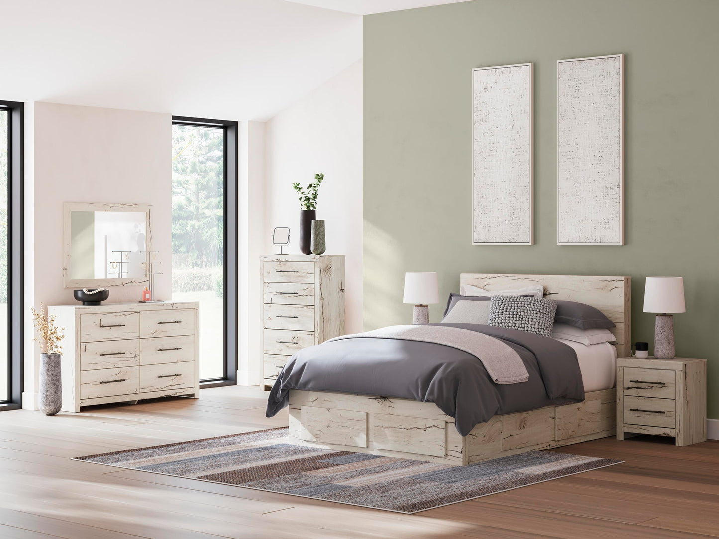 Cama con cabecero Lawroy, cómoda y espejo