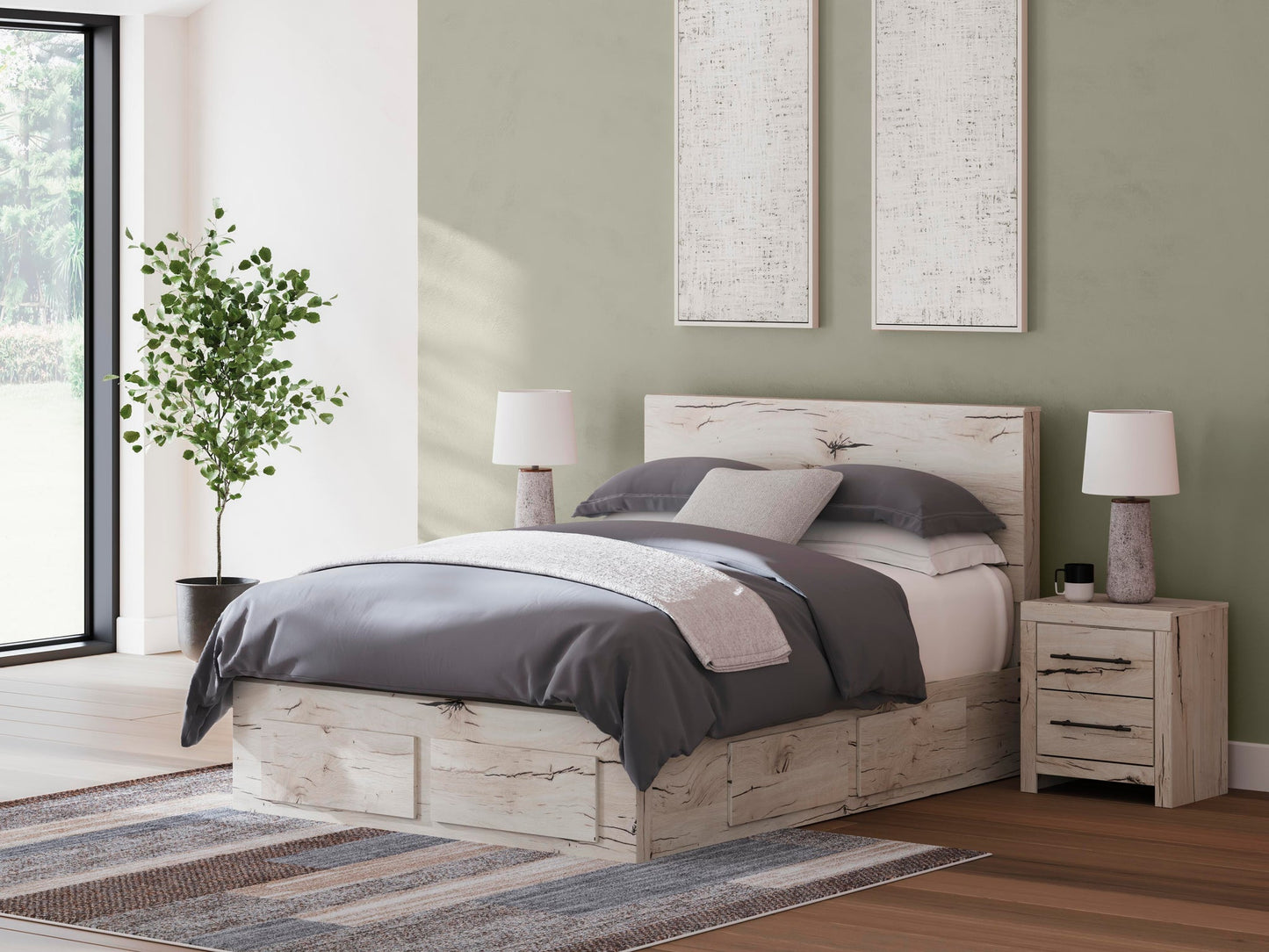 Cama con cabecero Lawroy, cómoda y espejo