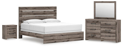 Cama de paneles, cómoda, espejo y mesita de noche Graystorm