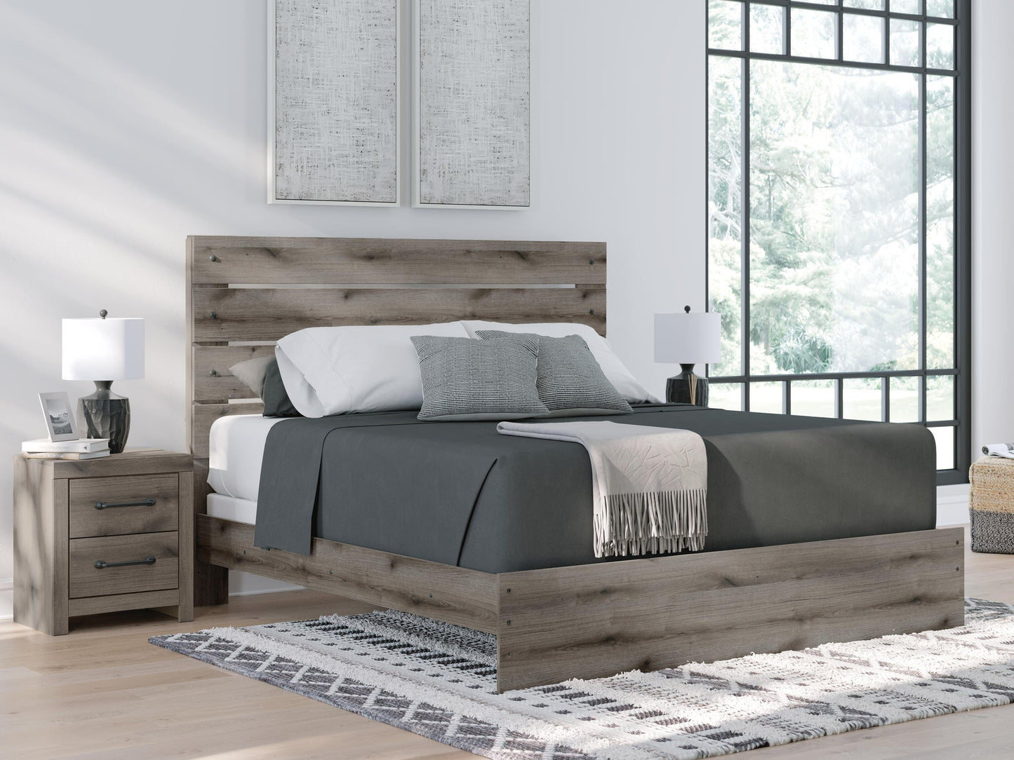 Cama de paneles, cómoda, espejo y mesita de noche Graystorm