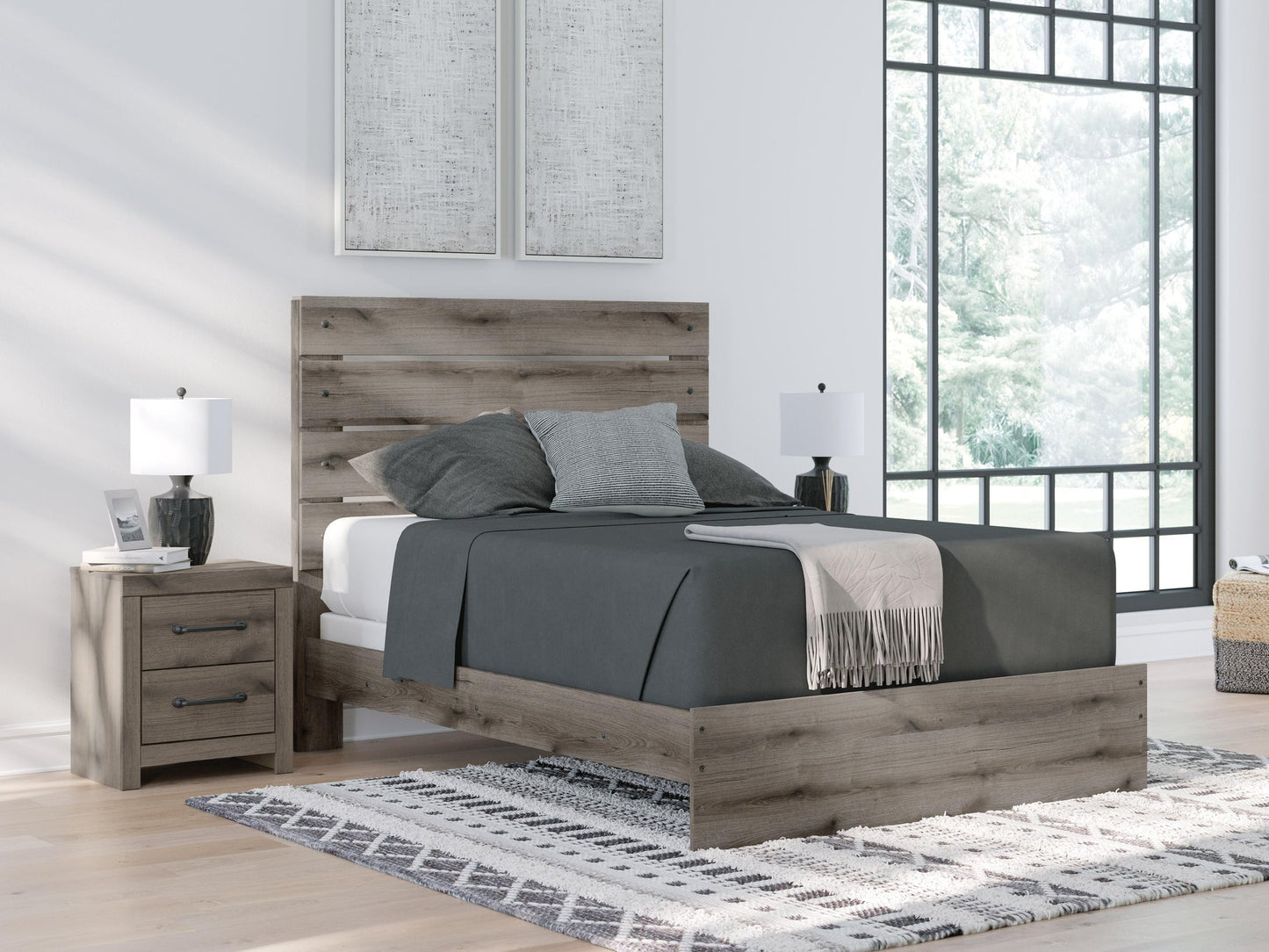 Cama con paneles, cómoda y espejo Graystorm