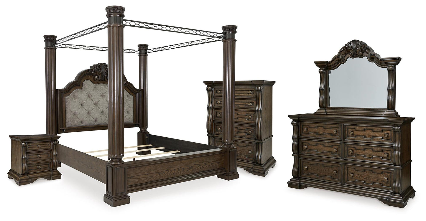 Maylee  Canopy Bed, Dresser, Mirror, Chest And Nightstand