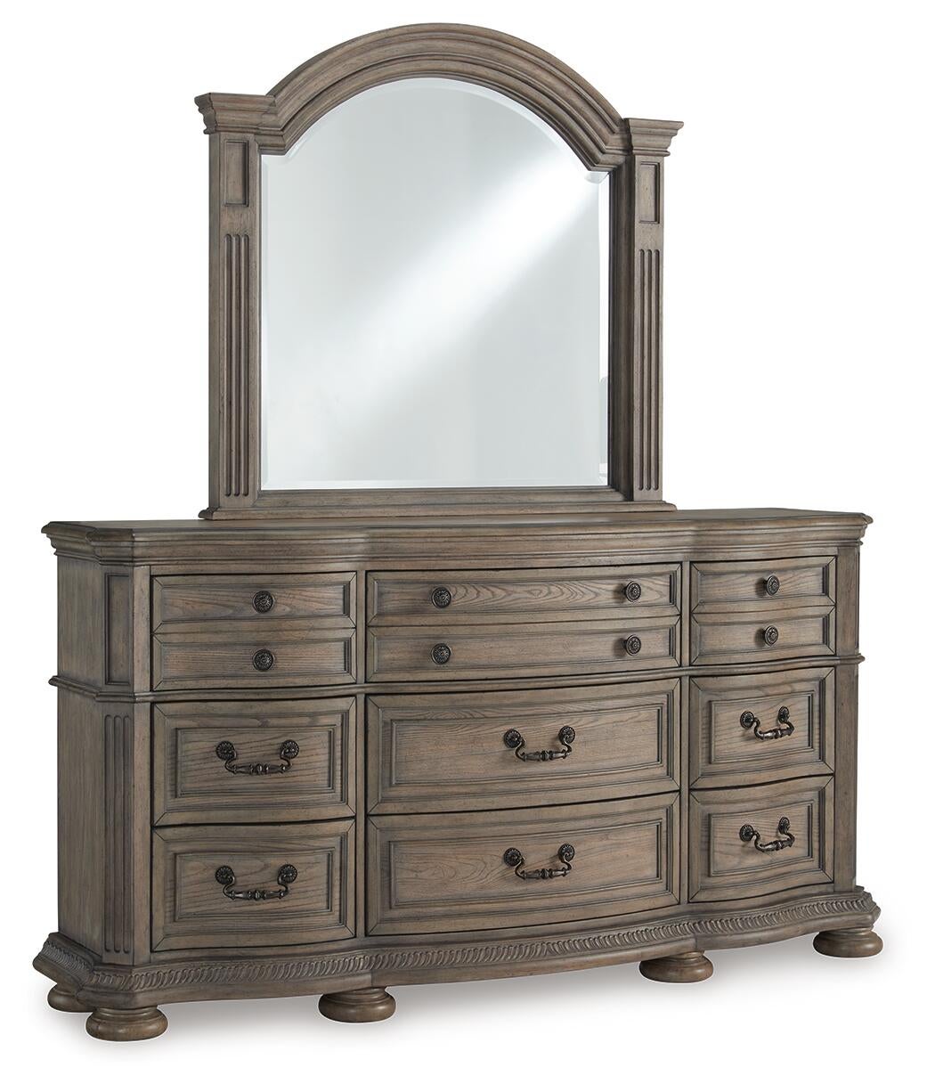 Ardenfield California  Upholstered Sleigh Bed, Dresser, Mirror, Chest And Nightstand