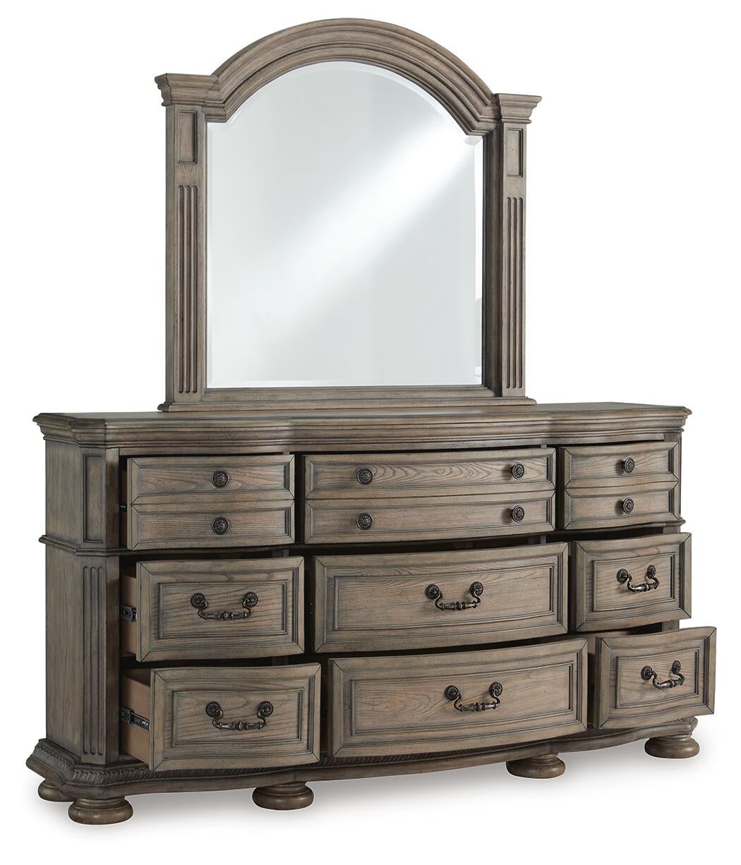 Ardenfield California  Upholstered Sleigh Bed, Dresser, Mirror, Chest And Nightstand
