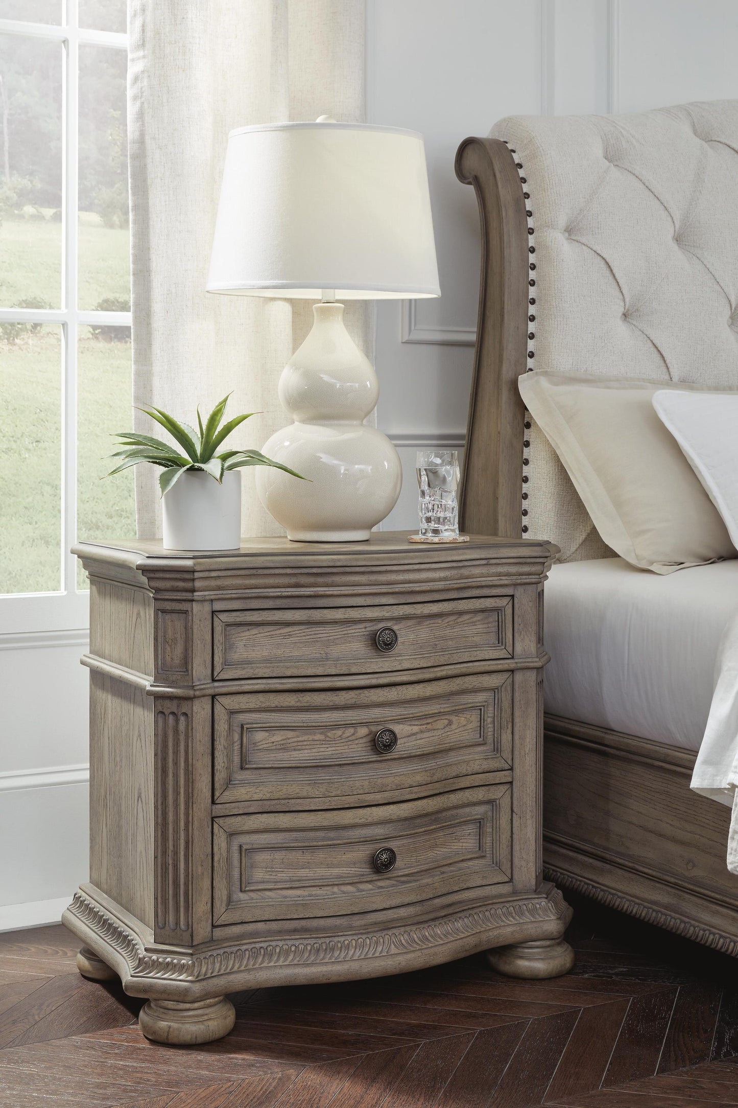 Ardenfield California  Upholstered Sleigh Bed, Dresser, Mirror, Chest And Nightstand
