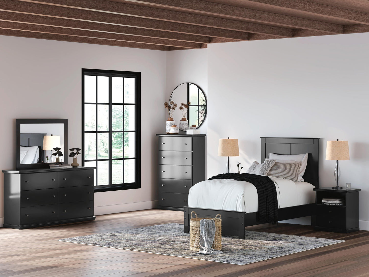 Maribel - Cama de paneles, cómoda, espejo y mesita de noche