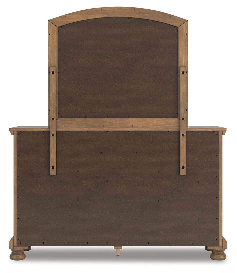 Cama con paneles Feddinger con cómoda con espejo y mesita de noche