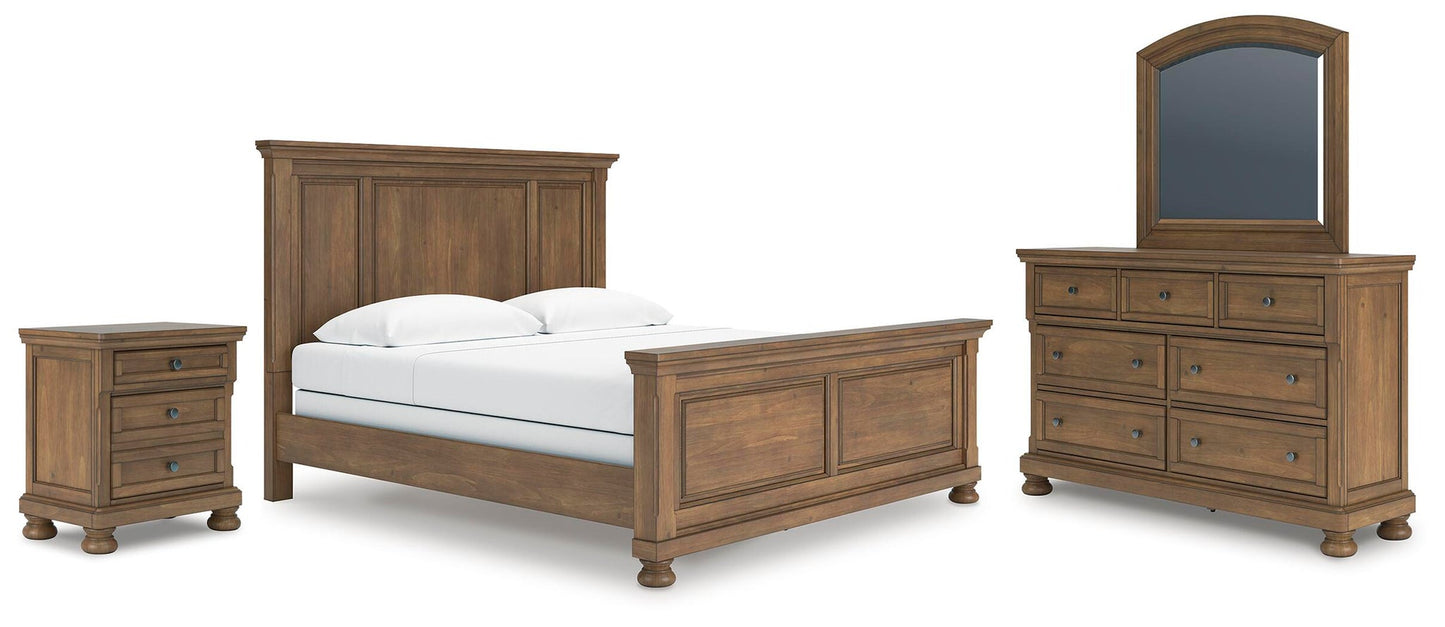 Cama con paneles Feddinger con cómoda con espejo y mesita de noche