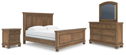 Cama con paneles Feddinger con cómoda con espejo y mesita de noche