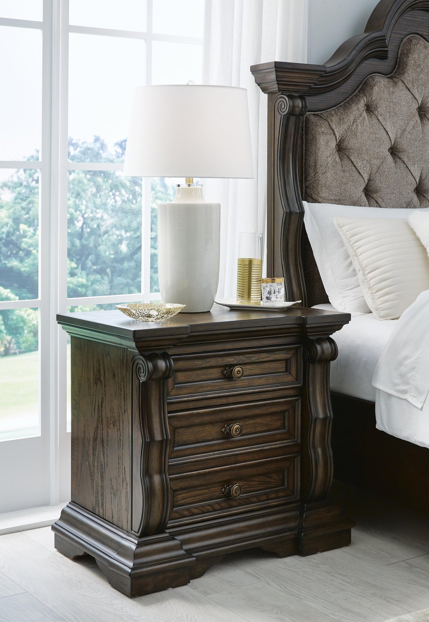 Maylee  Canopy Bed, Dresser, Mirror, Chest And Nightstand