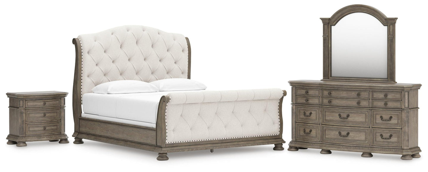Ardenfield California  Upholstered Sleigh Bed, Dresser, Mirror And Nightstand