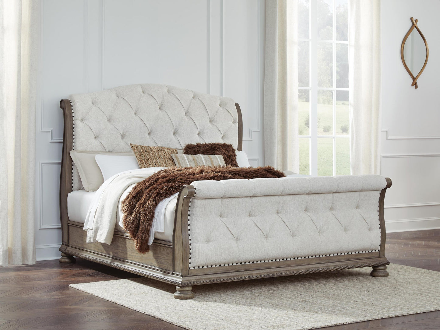 Ardenfield  Upholstered Sleigh Bed, Dresser, Mirror, Chest And Nightstand