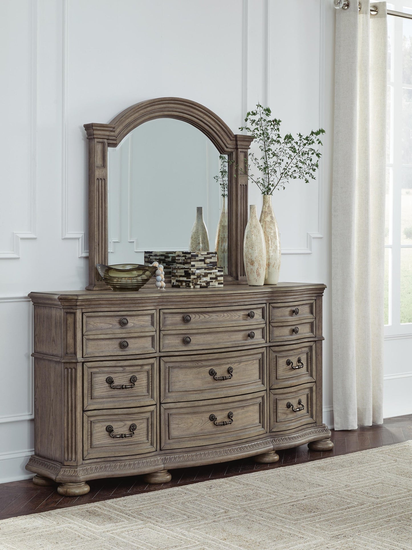 Ardenfield  Upholstered Sleigh Bed, Dresser, Mirror And Nightstand