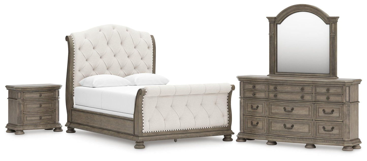 Ardenfield  Upholstered Sleigh Bed, Dresser, Mirror And Nightstand