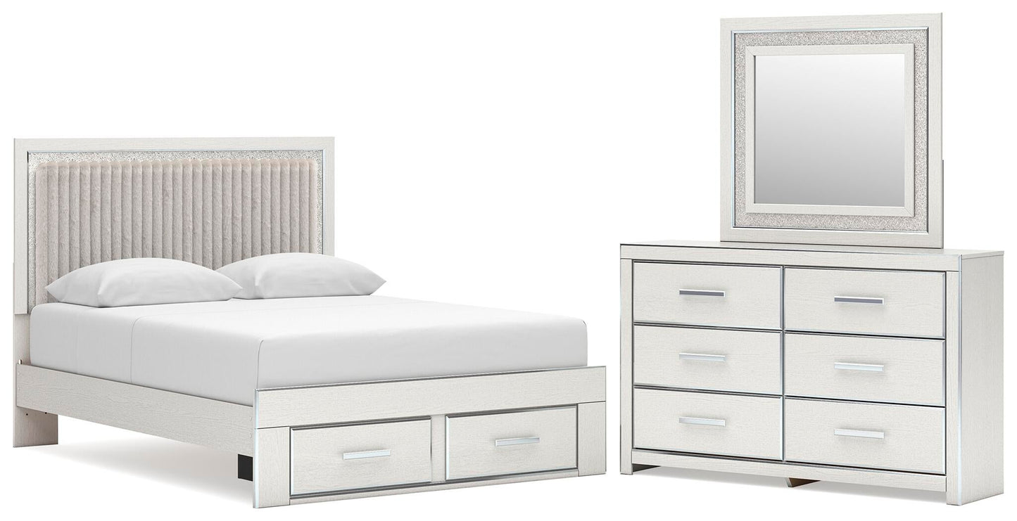 Cama con plataforma tapizada con paneles, cómoda y espejo Zuraleus